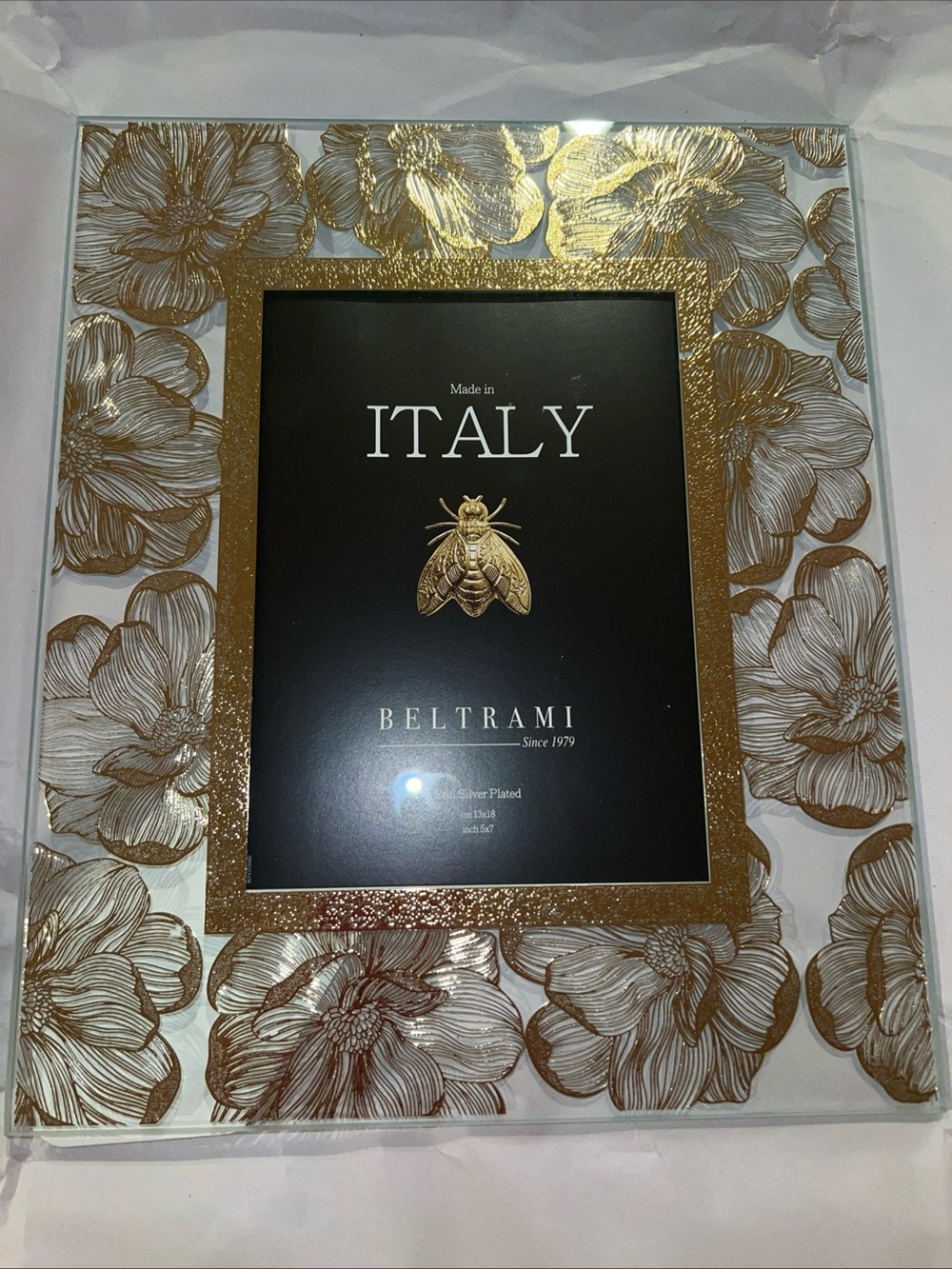 Beltrami Italy Gold Floral Glass Photo Frame for 5x7